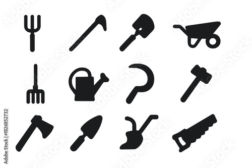 Farm Tools Icons. Farm tools. Solid icon set of Farm tools: pitchfork, hoe, shovel, wheelbarrow, rake, watering can, sickle, hammer, axe, trowel, plow, saw.