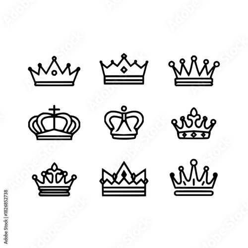Set of nine different royal crown icons in black outline style