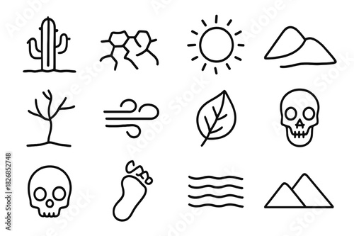 Desertification Icon Set. Desertification. Line icon set of desertification: cactus, cracked soil, sun, dune, dead tree, dust wind, dry leaf, skeleton, skull,