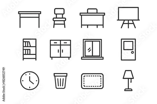 Classroom Furniture Icons. Classroom furniture. Line icon set of classroom furniture: desk, chair, teacher desk, whiteboard, bookshelf, storage cabinet,
