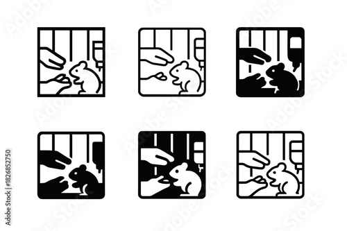 Hamster Care Logos. Feeding a hamster in its cage. Icon set. Set Logo of hamster care: food pellets and water bottle. harmonious logo variations of the same