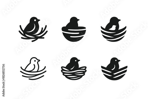 Nest Logo Variations. Nest. Icon set. Set Logo of nest: nature protection symbol. harmonious logo variations of the same emblematic concept, each