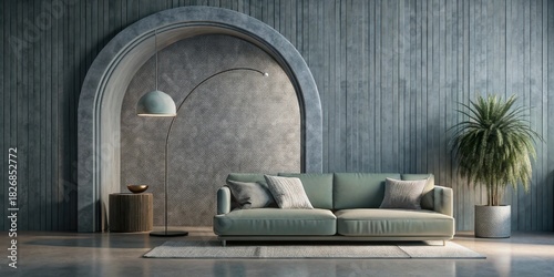 Contemporary living room interior with arch, sofa, green plant