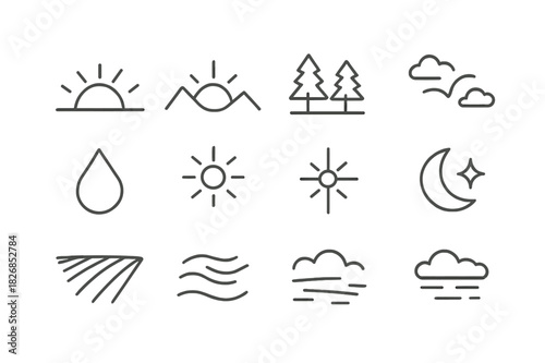 Dawn Icon Set. Dawn. Line icon set of dawn: rising sun, horizon line, mountains, trees, clouds, bird, dew drop, light rays, morning star, moon fading, field,