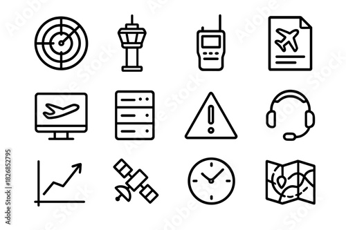 Air Traffic Icons. Air Traffic Control. Line icon set of Air Traffic Control: radar, control tower, communication radio, flight plan, monitor, server, alert,