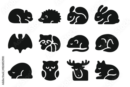 Hibernating Animals Icons. Hibernating animals. Solid icon set of Hibernating animals: bear, hedgehog, squirrel, rabbit, bat, raccoon, dormouse, fox, mole,