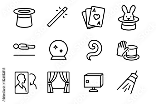 Magic Icon Set. Illusionists. Line icon set of Illusionists: magician hat, magic wand, playing cards, rabbit in hat, levitating person, crystal ball, smoke