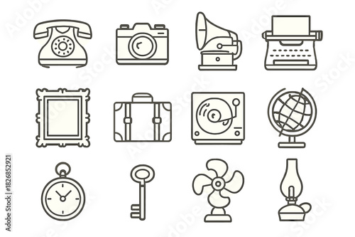 Vintage Collectibles Icons. Vintage collectibles. Line icon set of vintage collectibles: rotary phone, film camera, gramophone, typewriter, antique frame, old