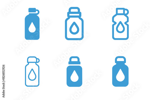 Hydration Logo Variations. Drinking enough water. Icon set. Set Logo of hydration: reusable water bottle. harmonious logo variations of the same emblematic