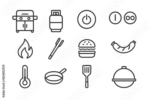 Gas Grill Icons. Gas grilling. Line icon set of gas grilling: gas grill, propane tank, ignition button, knobs, flame, tongs, burger, sausage, thermometer, pan,
