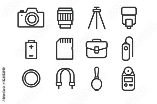 Photography Equipment Icons. Photography Gear. Line icon set of Photography Gear: camera, lens, tripod, flash, battery, memory card, bag, remote shutter,