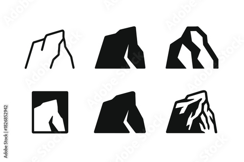 Rocky Cliffs Logo Set. rocky cliffs. Icon set. Set Logo of rocky cliffs: mountain edge formation. harmonious logo variations of the same emblematic concept,