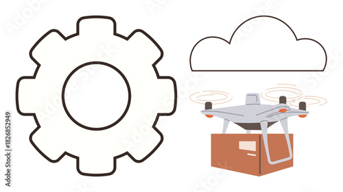 Gear icon, quadcopter delivering a package, cloud element symbolizing automation, logistics, and innovation. Ideal for tech, delivery, automation, logistics cloud technology innovation future