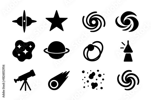 Space Icons Grid. Galaxy Exploration. Solid icon set of telescope, planet, star, rocket, moon, satellite, comet, asteroid, orbit, black hole, meteor,