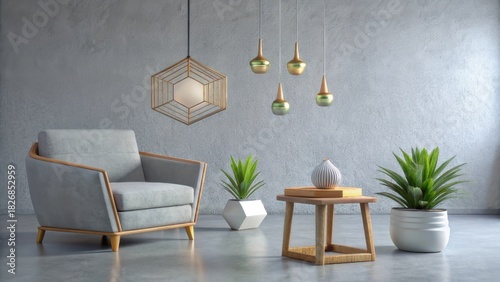 Modern home interior design with armchair, lights, green plants