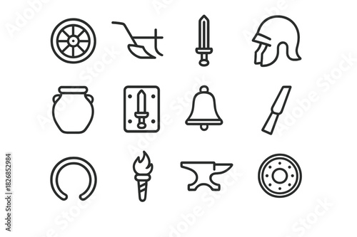Bronze Age Icons. Bronze Age innovations. Line icon set of Bronze Age innovations: wheel, plow, sword, helmet, pot, mold, bell, chisel, anvil, bracelet, torch,