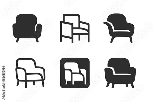 Armchair Logo Variations. Armchair armrest. Icon set. Set Logo of armchair design: minimalist lounge chair. harmonious logo variations of the same emblematic