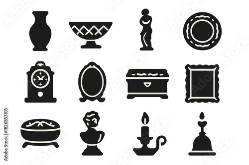 Classic Decorative Icons. Classic Decorative Objects. Solid icon set of porcelain vase, crystal bowl, figurine, decorative plate, antique clock, mirror,