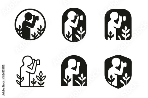 Nature Photoshoot Logos. May photoshoot in nature. Icon set. Set Logo of nature photoshoot: photographer in a field. harmonious logo variations of the same