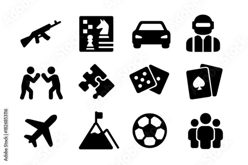 Game Icon Set. Game types. Solid icon set of Game types: first-person shooter, strategy game, racing game, battle royale, fighting game, puzzle game,