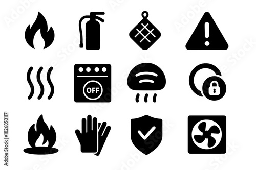 Kitchen Safety Icons. Kitchen safety. Solid icon set of Kitchen safety: flame icon, fire extinguisher, pot holder, warning sign, heat waves, stove off, smoke