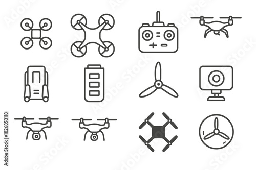 Drone Icon Set. Recreational Drones. Line icon set of Recreational Drones: small drone, quadcopter, drone controller, drone in flight, folded drone, drone