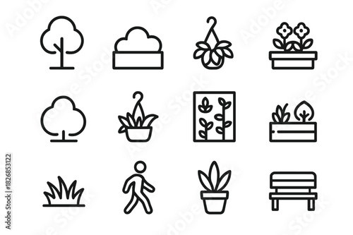 Urban Greenery Icons. Urban Greenery. Line icon set of Urban Greenery: tree, planter, bush, flower bed, shrub, hanging plant, vertical garden, small garden,