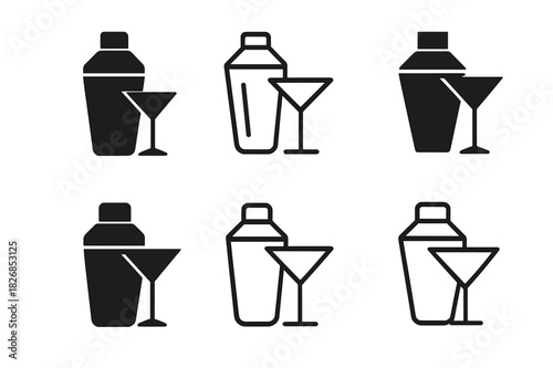 Home Bar Icons. Home bar and entertainment area design. Icon set. Set Logo of home bar and entertainment area design: Cocktail shaker and glass. harmonious