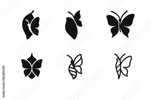 Magical Butterfly Logos. Magical transformation. Icon set. Set Logo of magical transformation: butterfly emerging. harmonious logo variations of the same