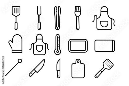 BBQ Tool Icons. BBQ tools. Line icon set of BBQ tools: spatula, fork, tongs, basting brush, glove, apron, thermometer, tray, skewer, knife, cutting board,