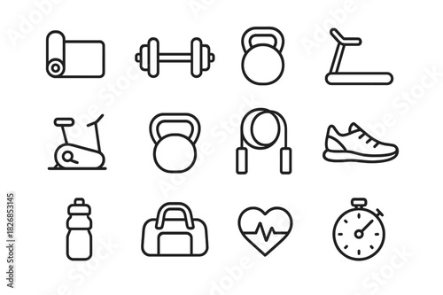 Fitness Icon Collection. Fitness Lifestyle. Line icon set of Fitness Lifestyle: yoga mat, dumbbell, kettlebell, treadmill, stationary bike, resistance band,