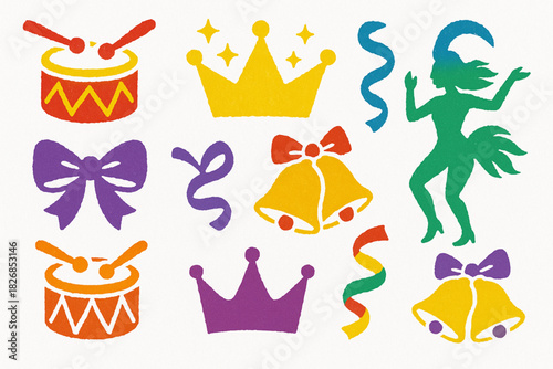 Carnival icon set torn vector ripped style drums crowns ribbons bells dancers on white background