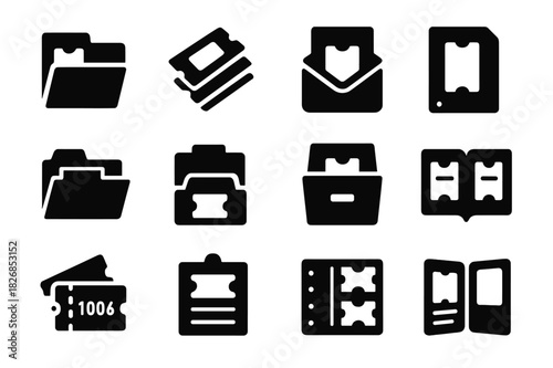 Ticket Organization Icons. Ticket organization. Solid icon set of Ticket organization: labeled folders, sorted stack, ticket envelope, binder sheet, protective