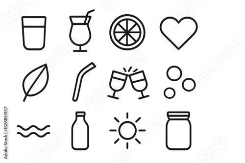 Zero-Proof Icon Set. Zero-Proof Lifestyle. Line icon set of Zero-Proof Lifestyle: water glass, mocktail, lemon slice, heart, leaf, straw, cup cheers, bubble,