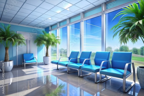 Modern waiting room with blue chairs, large windows, and palm trees