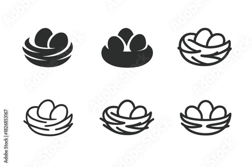 Nest Logo Variations. Nest. Icon set. Set Logo of nest: nature protection symbol. harmonious logo variations of the same emblematic concept, each