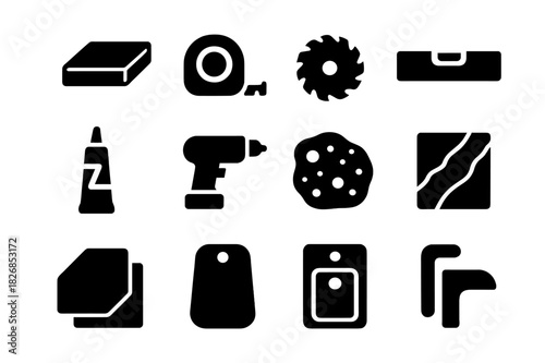 Kitchen Countertop Tools Icons. Updating kitchen countertops. Solid icon set of Updating kitchen countertops: countertop slab, measuring tape, saw blade, level