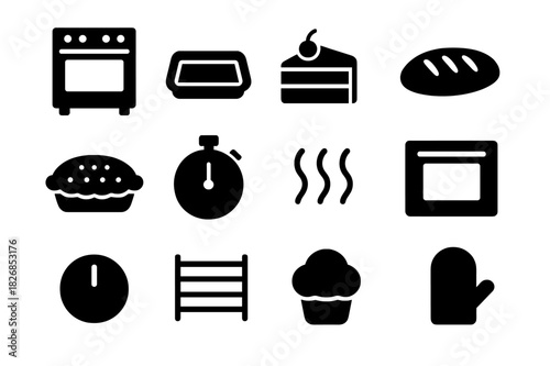 Baking Icon Set. Baking Oven. Solid icon set of Baking Oven: oven, baking tray, cake, bread loaf, pie, timer, heat waves, oven door, knob, rack, muffin, oven