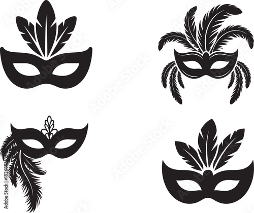 Carnival mask with feathers silhouette icon set