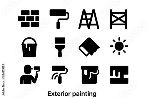 Exterior Painting Icons. Exterior painting. Solid icon set of Exterior painting: wall, paint roller, ladder, scaffold, bucket, brush, drop cloth, sun icon,