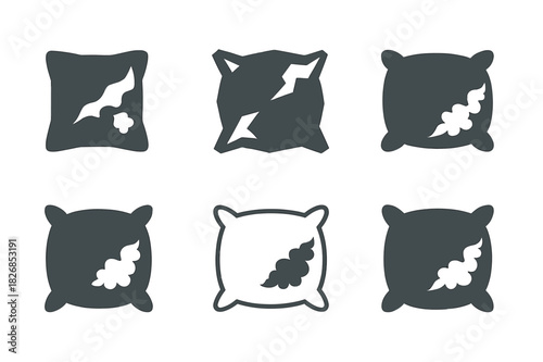 Ragged Pillow Logos. Ragged pillow. Icon set. Set Logo of ragged pillow: pillow with exposed stuffing. harmonious logo variations of the same emblematic