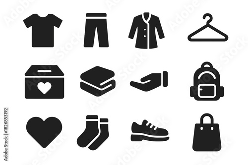 Supportive Donation Icons. Supportive Donation. Solid icon set of t-shirt, pants, coat, hanger, donation box, folded clothes, hand giving, backpack, heart,