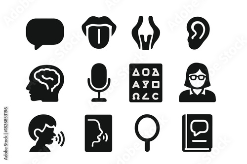 Speech Therapy Icons. Speech therapy. Solid icon set of speech therapy: speech bubble, tongue, vocal cords, ear, brain, microphone, phonetics chart, therapist,