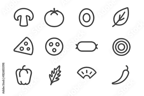 Pizza Toppings Icons. Pizza toppings. Line icon set of pizza toppings: mushroom, tomato, olive, basil leaf, cheese, pepperoni, sausage, onion, bell pepper,