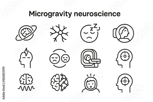 Microgravity Neuroscience Icons. Microgravity neuroscience. Line icon set of microgravity neuroscience: brain in orbit, neural pathway, sleep disruption,