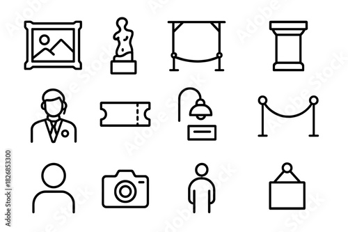 Museum Icon Set. Museum interior. Solid icon set of museum interior: sculpture, column, picture frame, bench, person silhouette, spotlight, ticket, rope