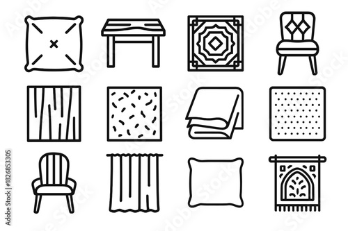 Dark Texture Icons. Dark Textures. Line icon set of Dark Textures: velvet cushion, dark wood table, rug pattern, leather chair, drapery folds, textured wall,