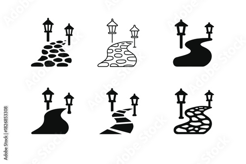 Garden Path Logos. Garden path. Icon set. Set Logo of garden path: gravel walkway with lanterns. harmonious logo variations of the same emblematic concept,