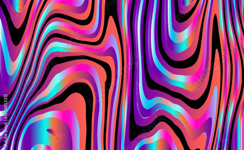 Hypnotic psychedelic vector background with thick black outlines separating flowing neon waves in electric pink, purple, cyan gradients. Melting liquid swirl abstraction. Rave visuals, acid graphics.