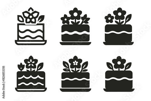 Flower-Infused Culinary Logos. Cooking with edible flowers. Icon set. Set Logo of cooking with edible flowers: cake decorated with flowers. harmonious logo